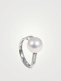 18K White Gold Pearl Ring With Diamonds