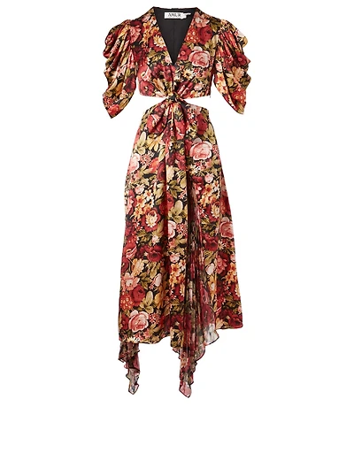 Aspen Silk Ruched Sleeve Midi Dress Floral Print