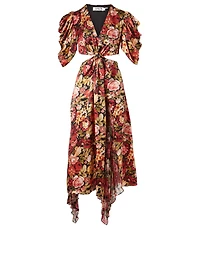 Aspen Silk Ruched Sleeve Midi Dress Floral Print