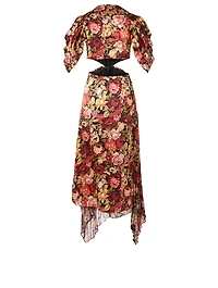 Aspen Silk Ruched Sleeve Midi Dress Floral Print