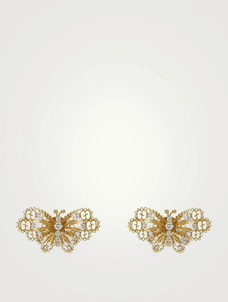 18K Gold Butterfly Stud Earrings With Diamonds
