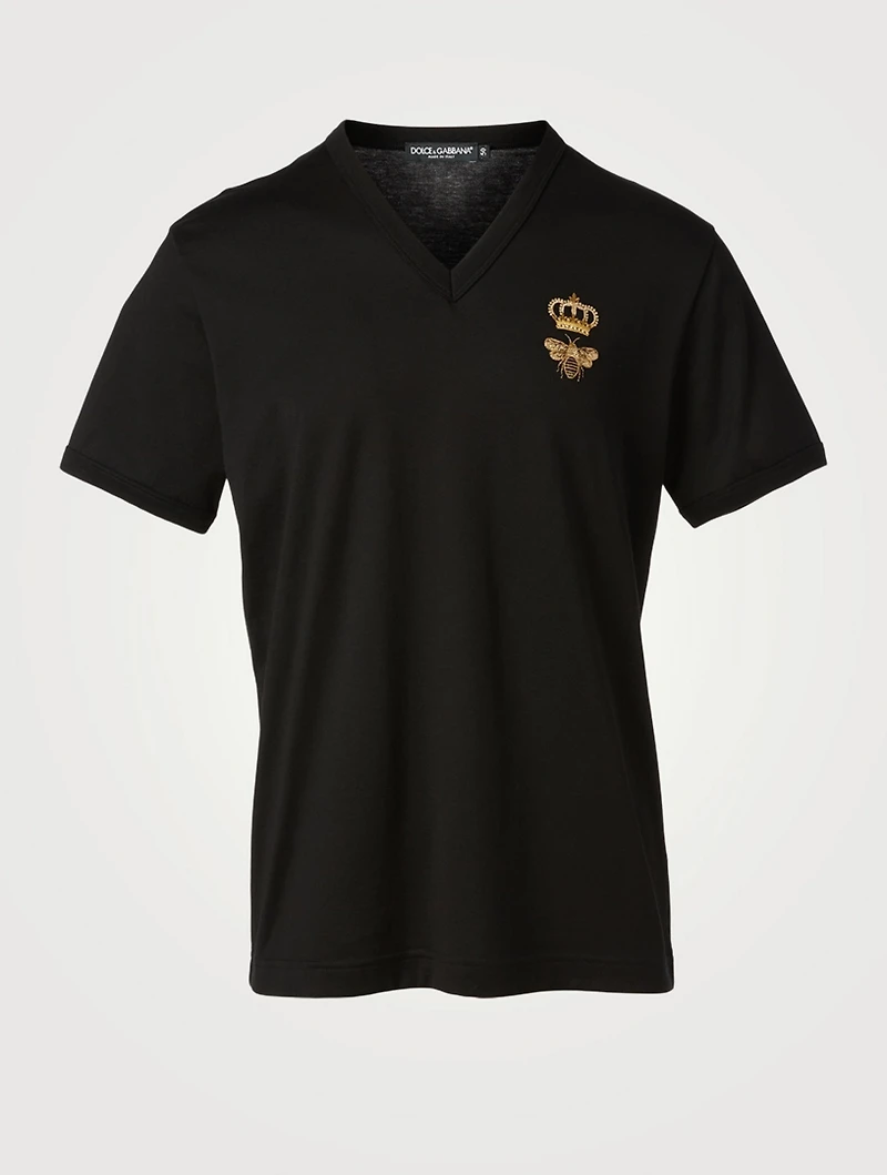 V-Neck T-Shirt With Bee Crown Embroidery