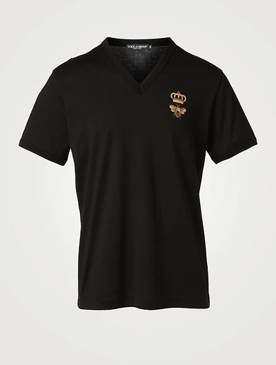 V-Neck T-Shirt With Bee Crown Embroidery