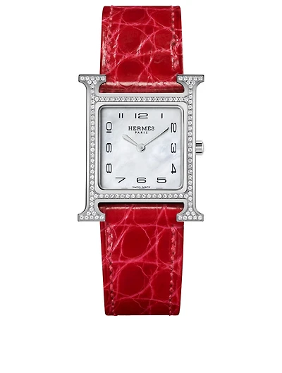 Heure H PM Alligator Strap Watch With Diamonds, 21 x 21 mm