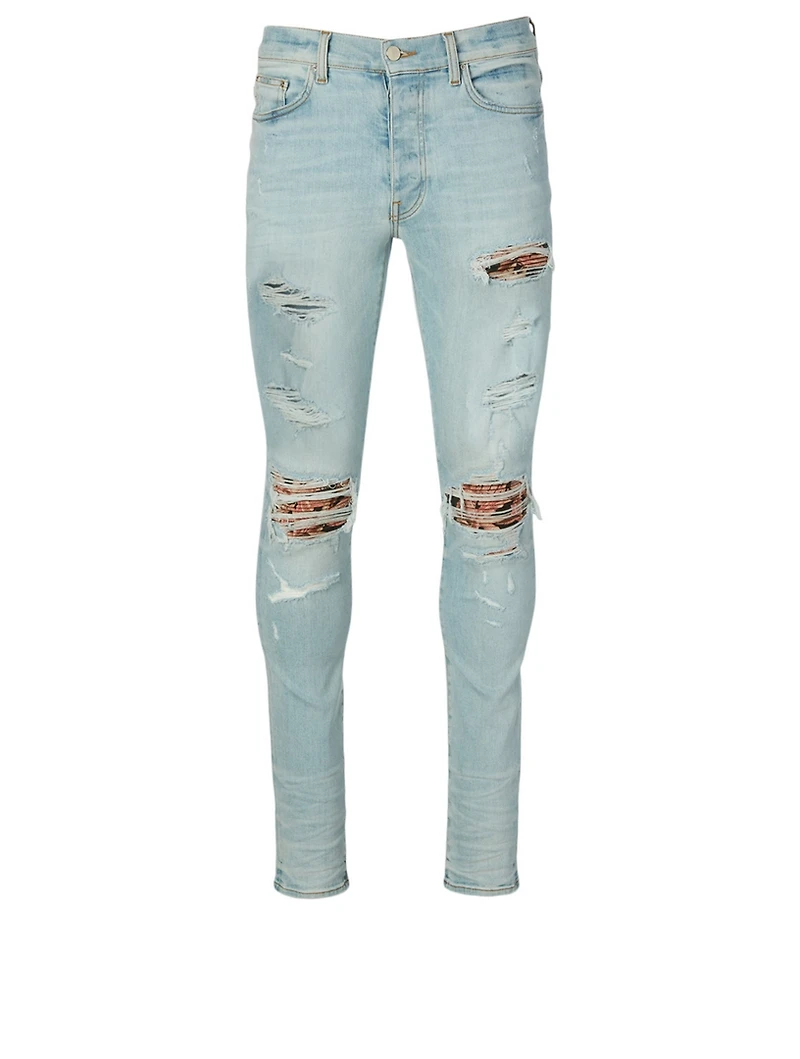 Distressed Jeans With Banana Leaves Panel