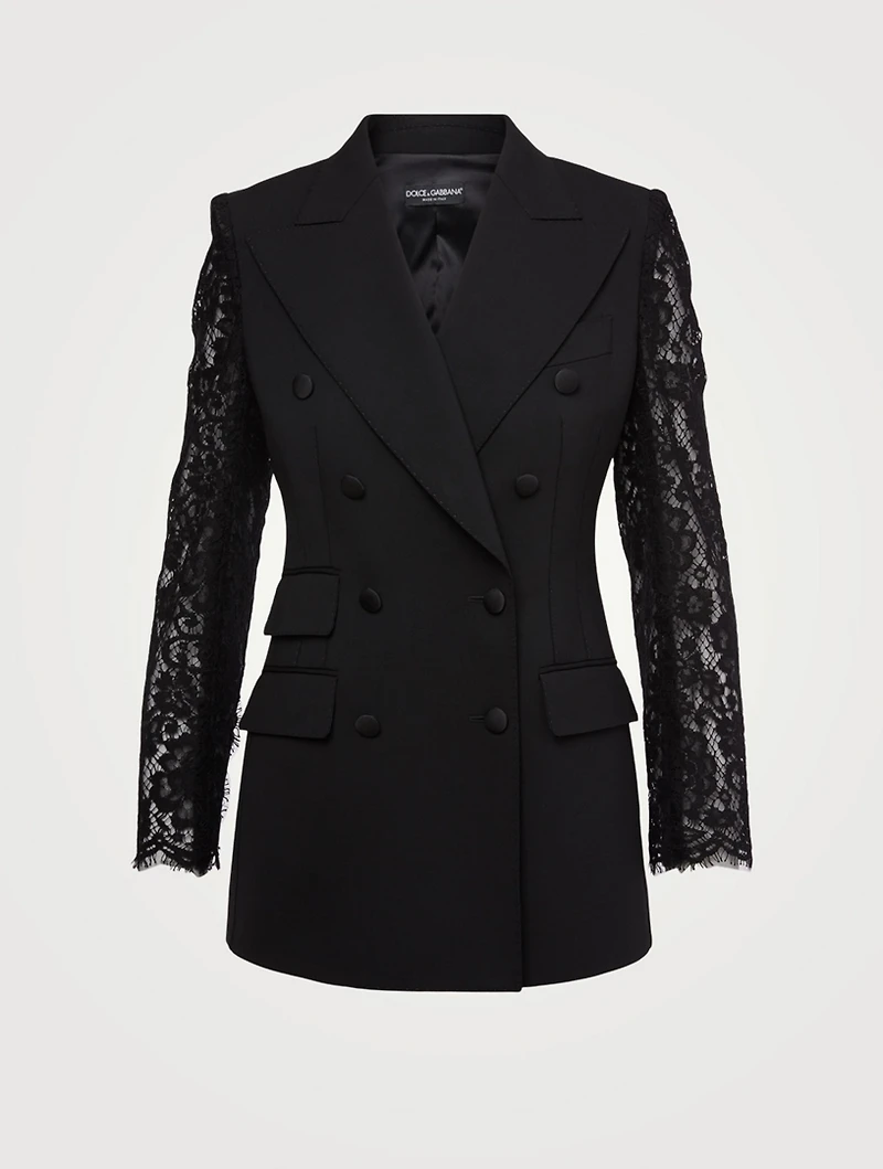 Wool Double-Breasted Blazer With Lace Sleeve