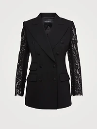 Wool Double-Breasted Blazer With Lace Sleeve