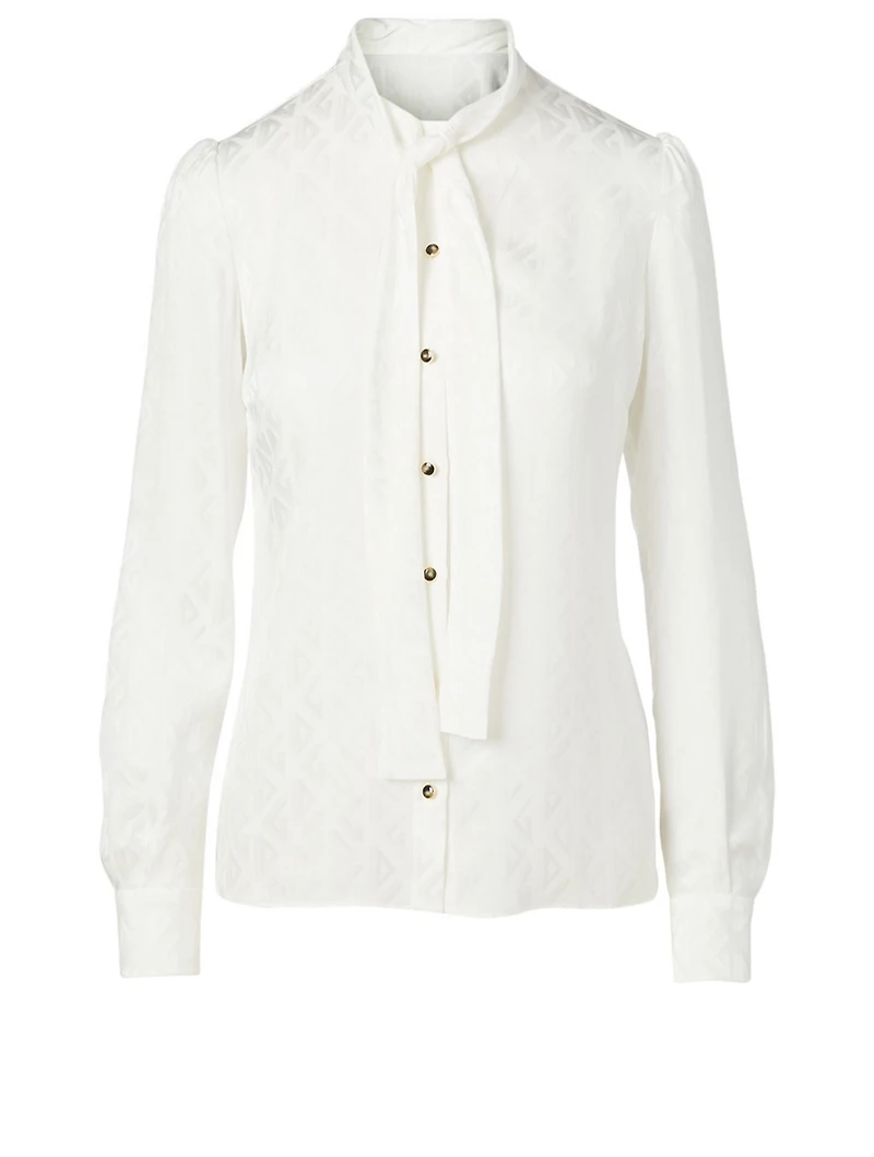 Silk Jacquard Bow Blouse Logo Print