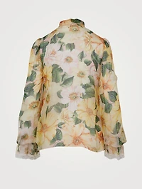Silk-Blend Neck-Tie Blouse Floral Print