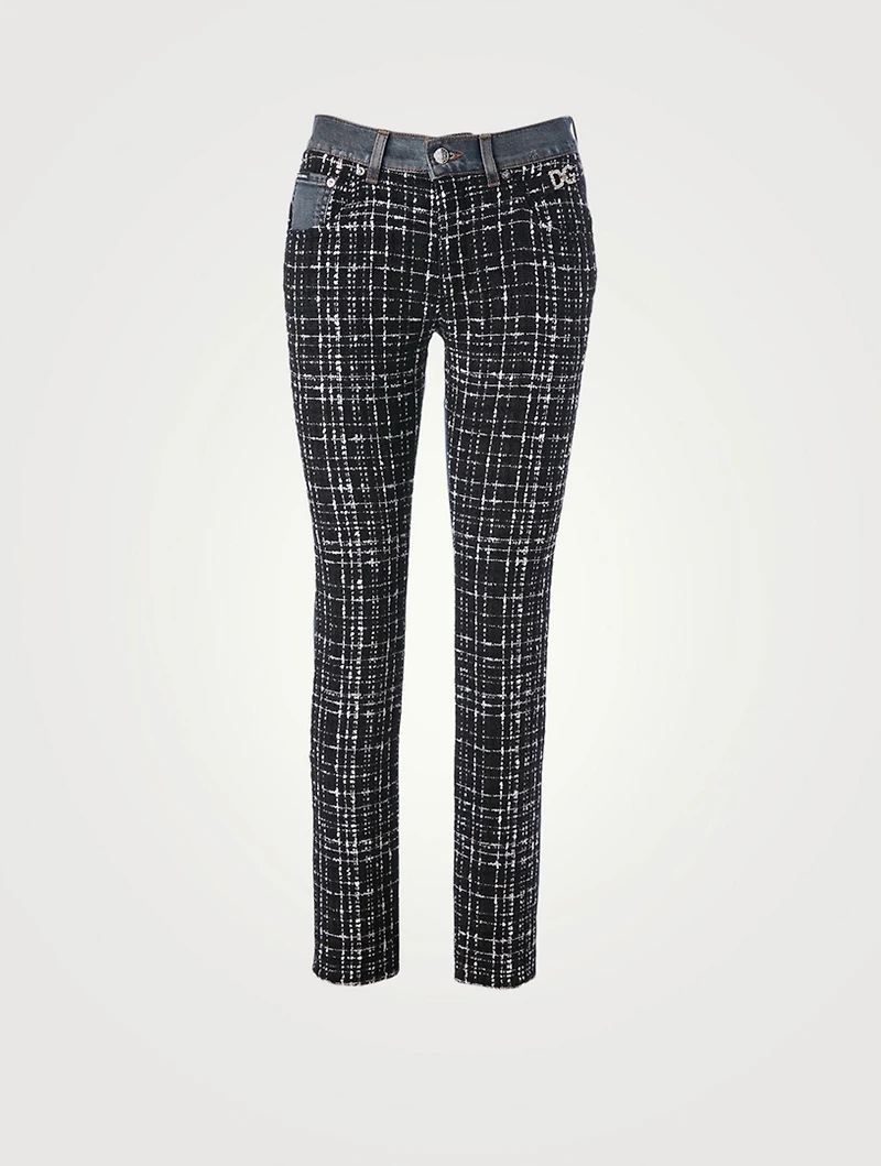 Tweed-Front Skinny Jeans