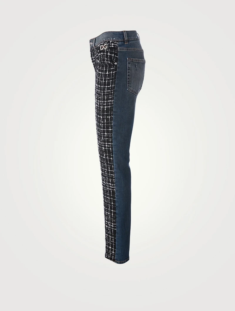 Tweed-Front Skinny Jeans