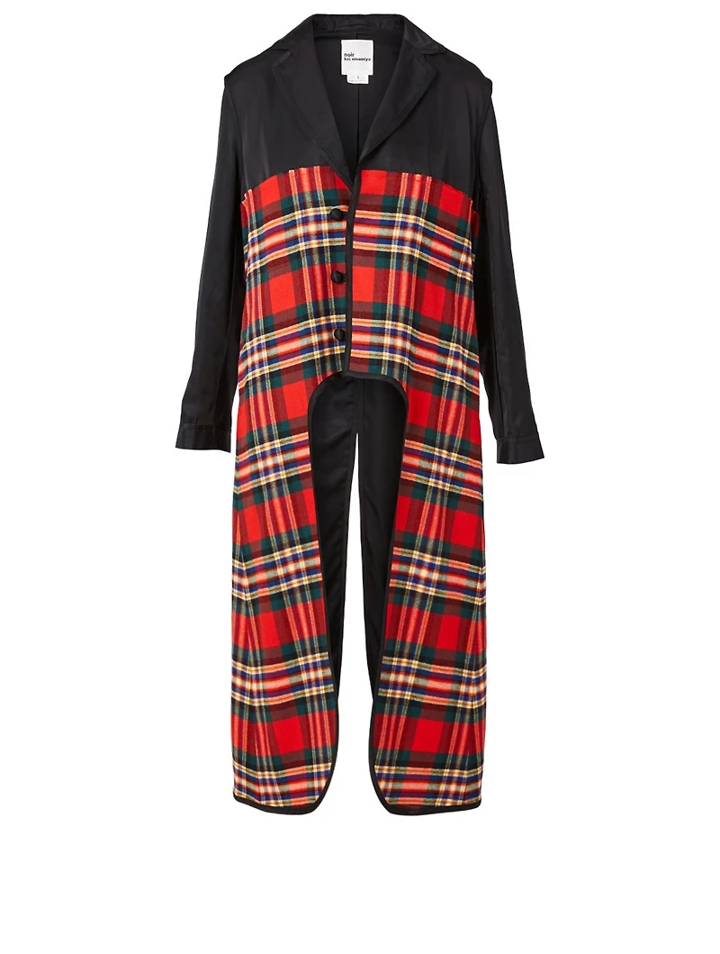 Wool-Blend Long Jacket Tartan Check Print