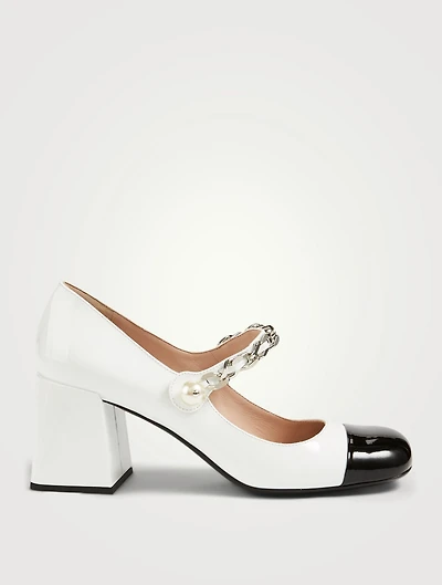 Patent Leather Mary Jane Pumps With Pearl Strap