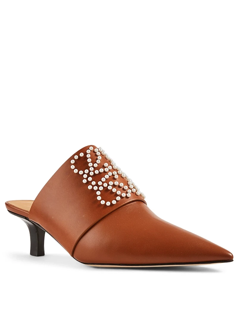 Pointy Leather Mules With Pearl Anagram