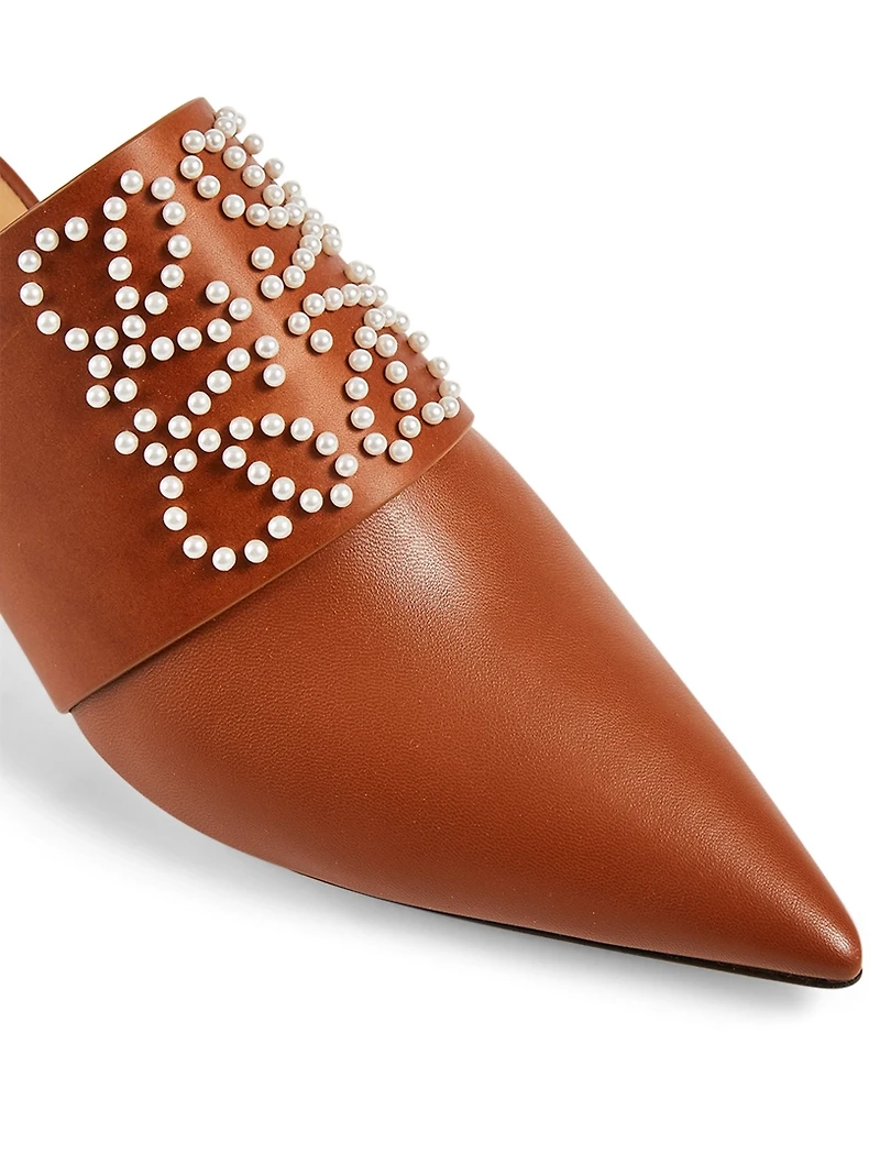 Pointy Leather Mules With Pearl Anagram