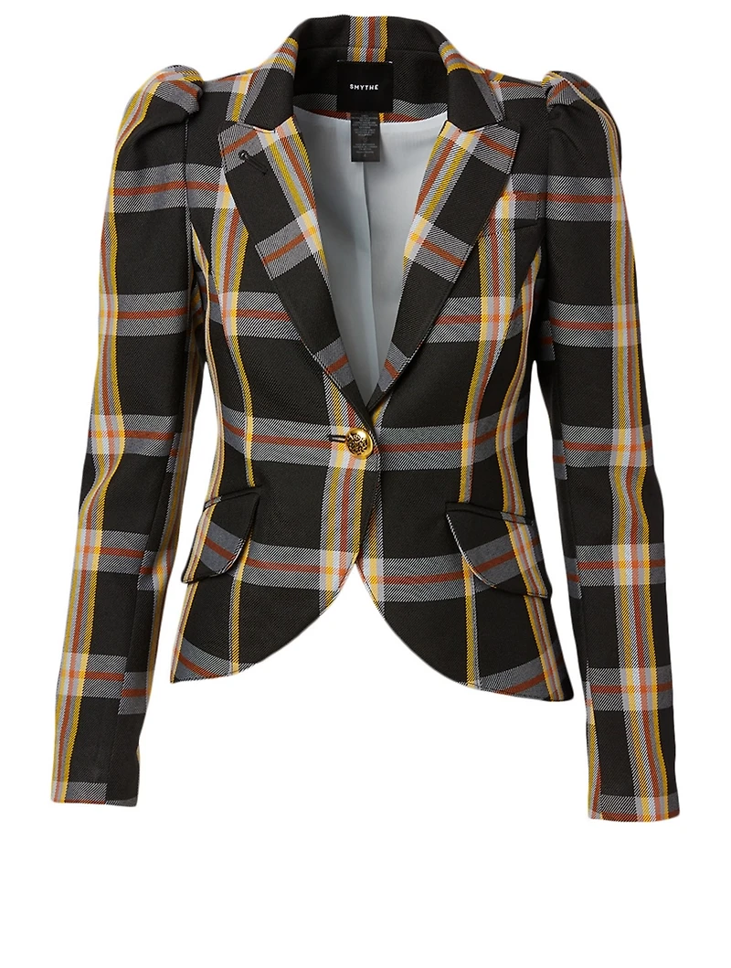 Pouf Sleeve Blazer Plaid Print