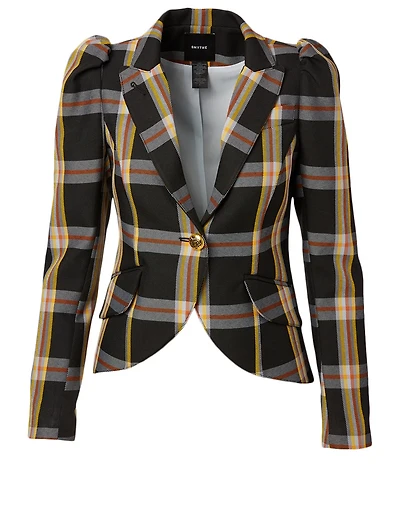 Pouf Sleeve Blazer Plaid Print