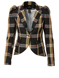 Pouf Sleeve Blazer Plaid Print