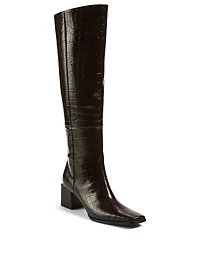 Croc-Embossed Leather Cube Heeled Knee-High Boots