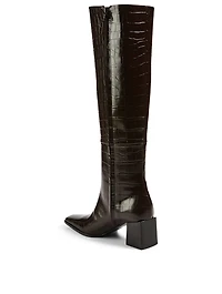 Croc-Embossed Leather Cube Heeled Knee-High Boots