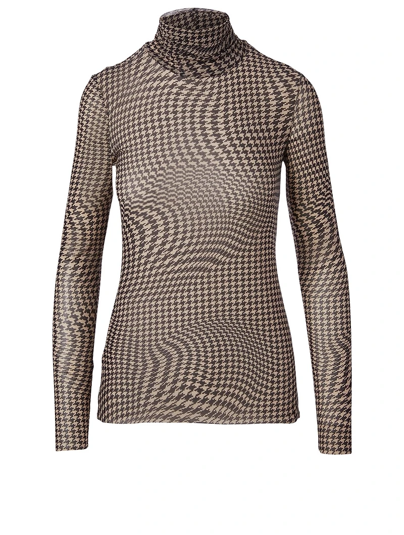 Sheer Turtleneck Top Houndstooth Print