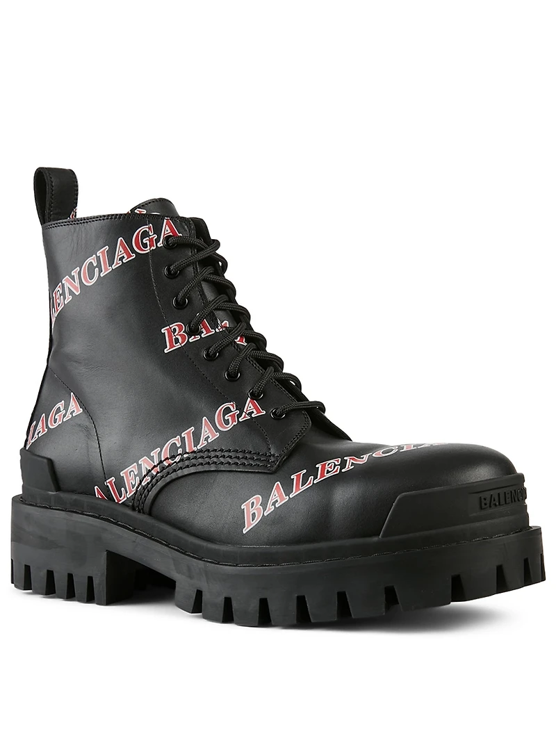 Strike Leather Lace-Up Ankle Boots Allover Logo Print