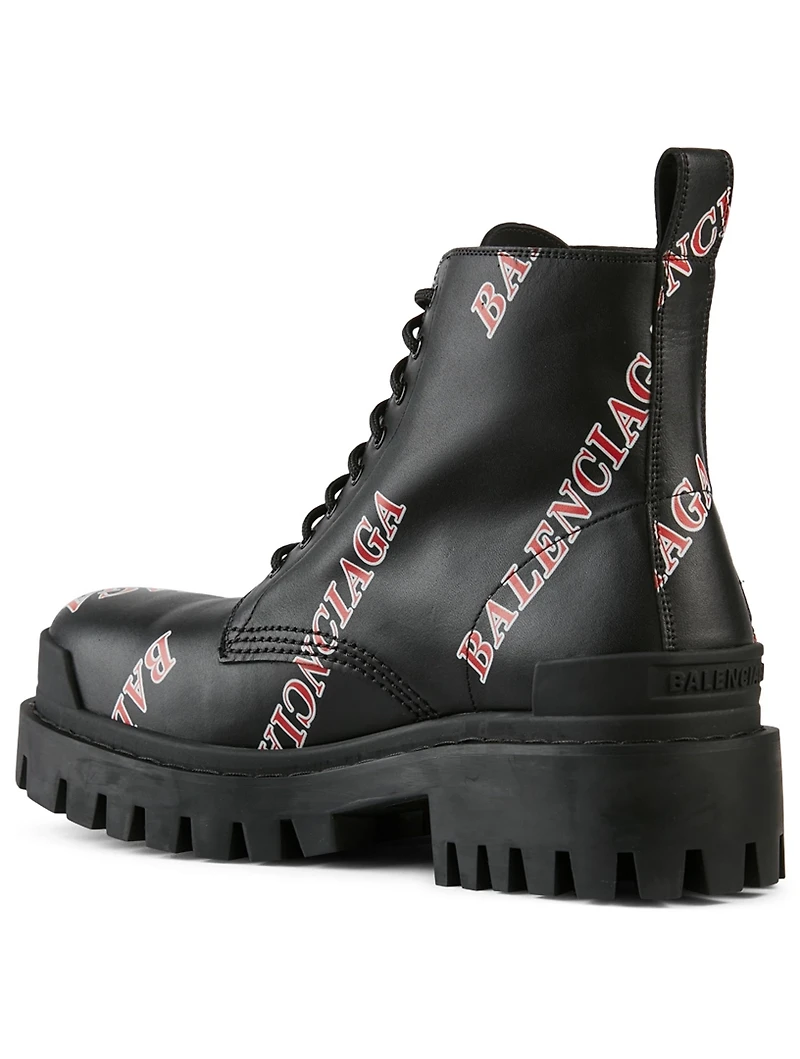 Strike Leather Lace-Up Ankle Boots Allover Logo Print