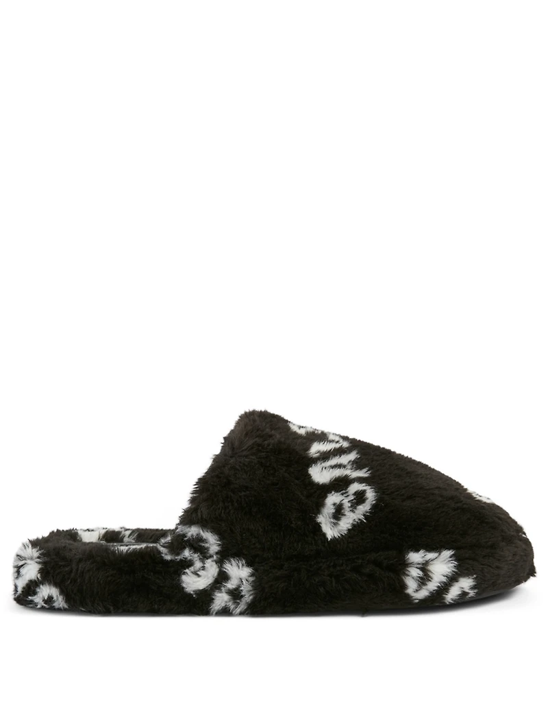 Home.2 Faux Fur Flat Mules Allover Logo Print