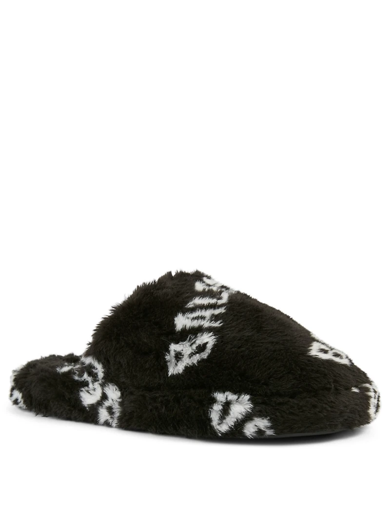 Home.2 Faux Fur Flat Mules Allover Logo Print