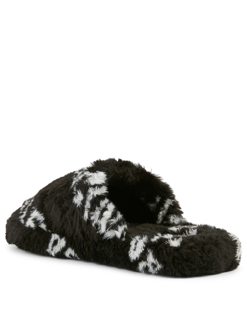 Home.2 Faux Fur Flat Mules Allover Logo Print