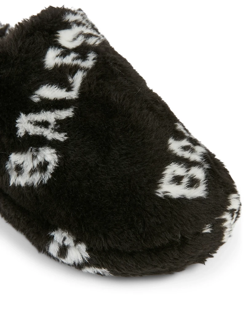 Home.2 Faux Fur Flat Mules Allover Logo Print