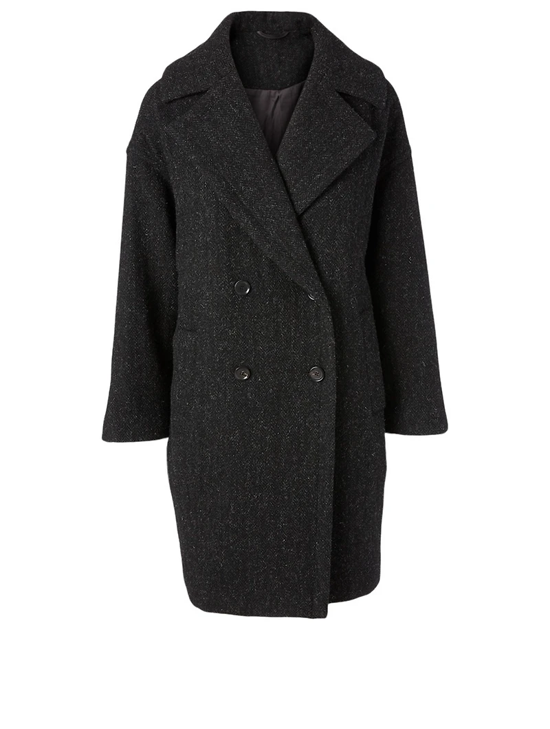 Wool Tweed Double-Breasted Coat With Oversized Lapel
