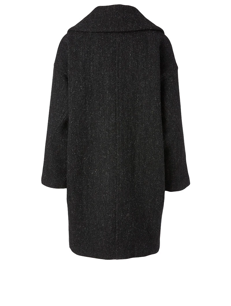 Wool Tweed Double-Breasted Coat With Oversized Lapel