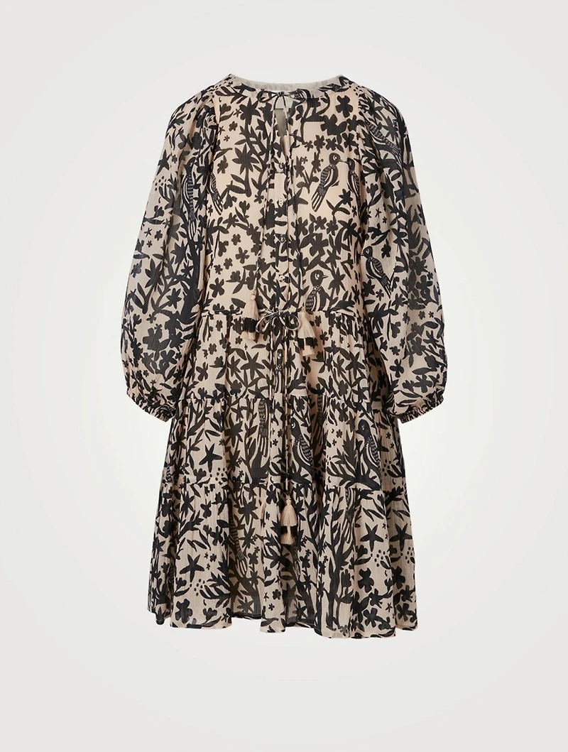 Viola Cotton Puff-Sleeve Mini Dress In Bird Print