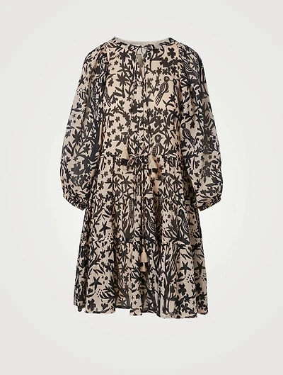 Viola Cotton Puff-Sleeve Mini Dress In Bird Print