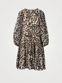 Viola Cotton Puff-Sleeve Mini Dress In Bird Print