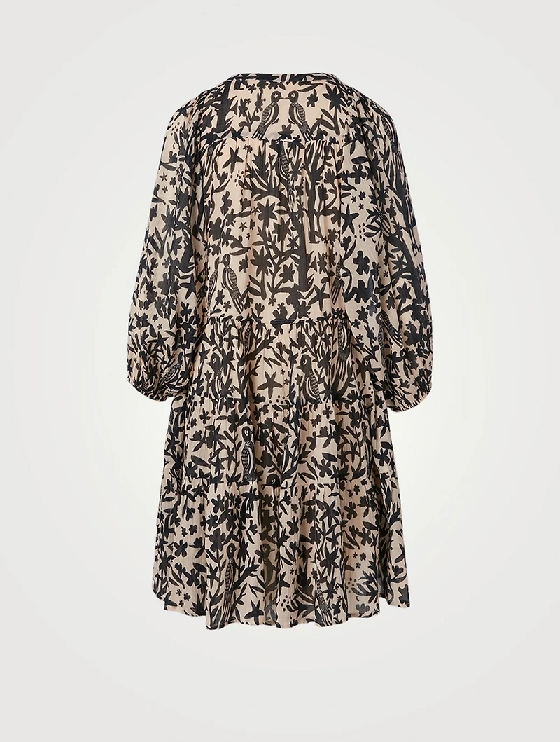 Viola Cotton Puff-Sleeve Mini Dress In Bird Print