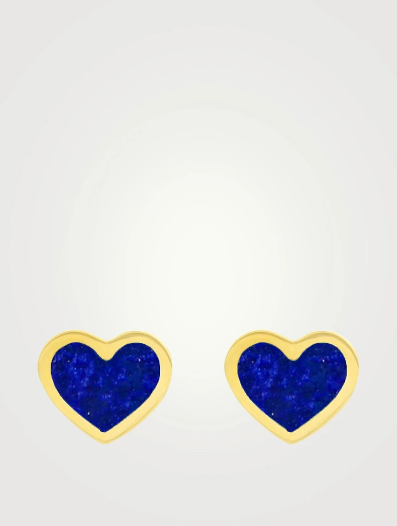 18K Gold Lapis Inlay Heart Stud Earrings