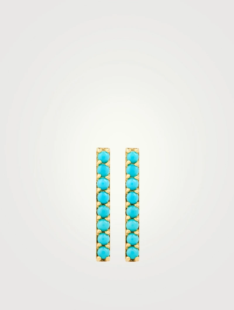 18K Gold Long Bar Stud Earrings With Turquoise
