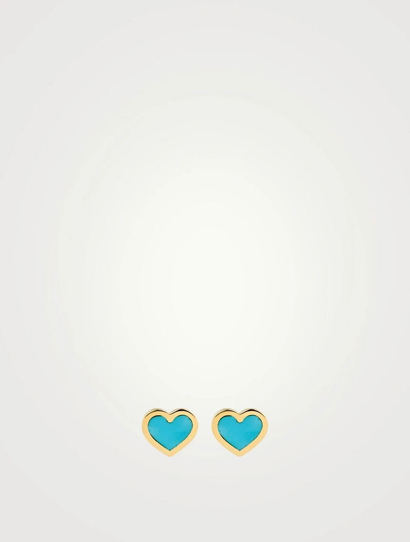 18K Gold Turquoise Inlay Heart Stud Earrings