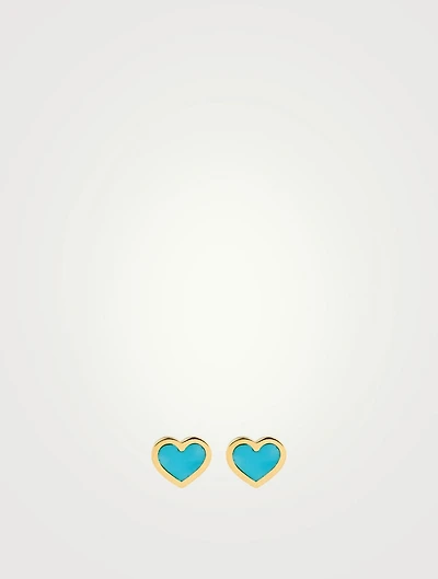 18K Gold Turquoise Inlay Heart Stud Earrings
