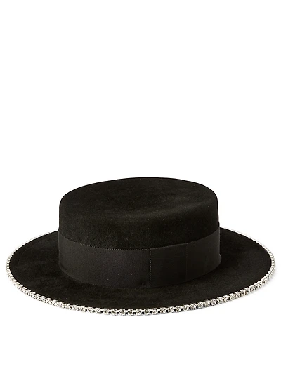 Felt Canotier Hat With Crystals
