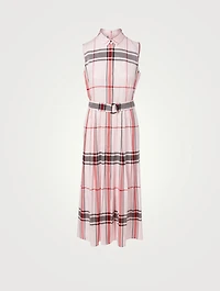Sleeveless Pleated Long Dress Check Print