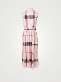 Sleeveless Pleated Long Dress Check Print