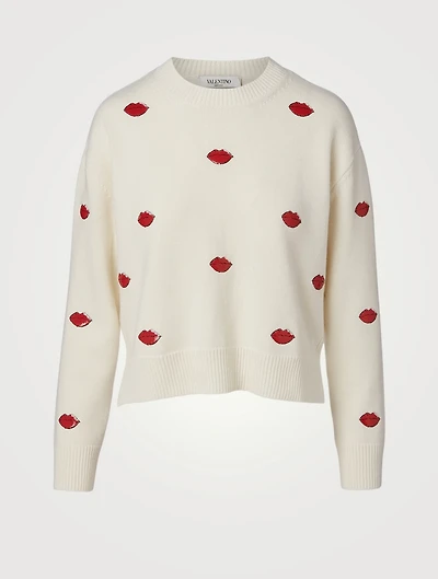 Wool And Cashmere Crewneck Sweater With Embroidered Lips