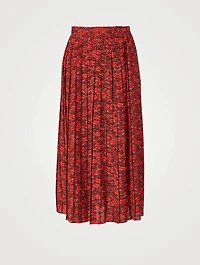 Silk Pleated Midi Skirt Lip Print