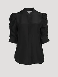 Silk Shirred-Sleeve Top