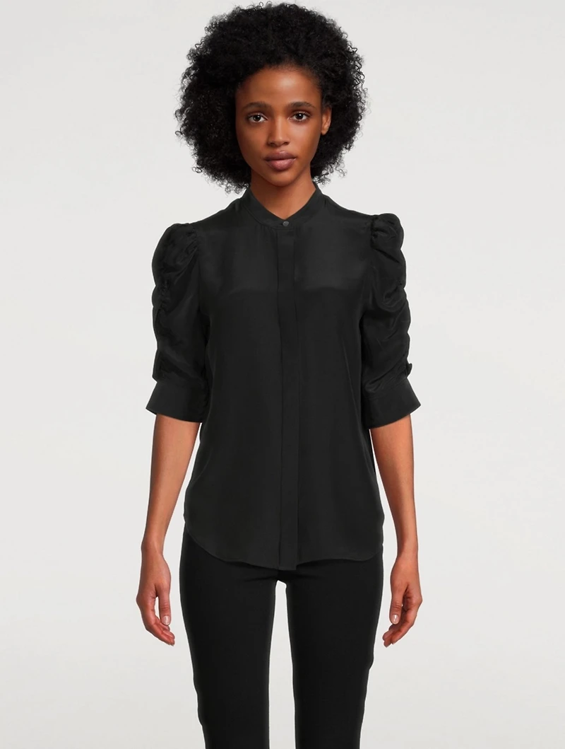 Silk Shirred-Sleeve Top