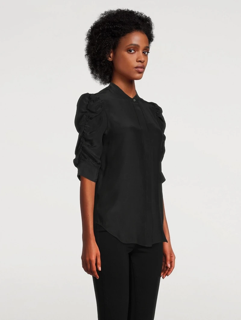 Silk Shirred-Sleeve Top
