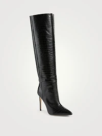 Croc-Embossed Leather Heeled Knee-High Boots